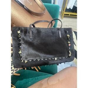 Falor Genuine Leather Cowhide Shoulder Bag Brown Sequin Trim Italy Handmade